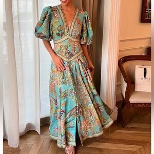 NWT ALEMAIS Franca Midi Dress in Blue Paisley